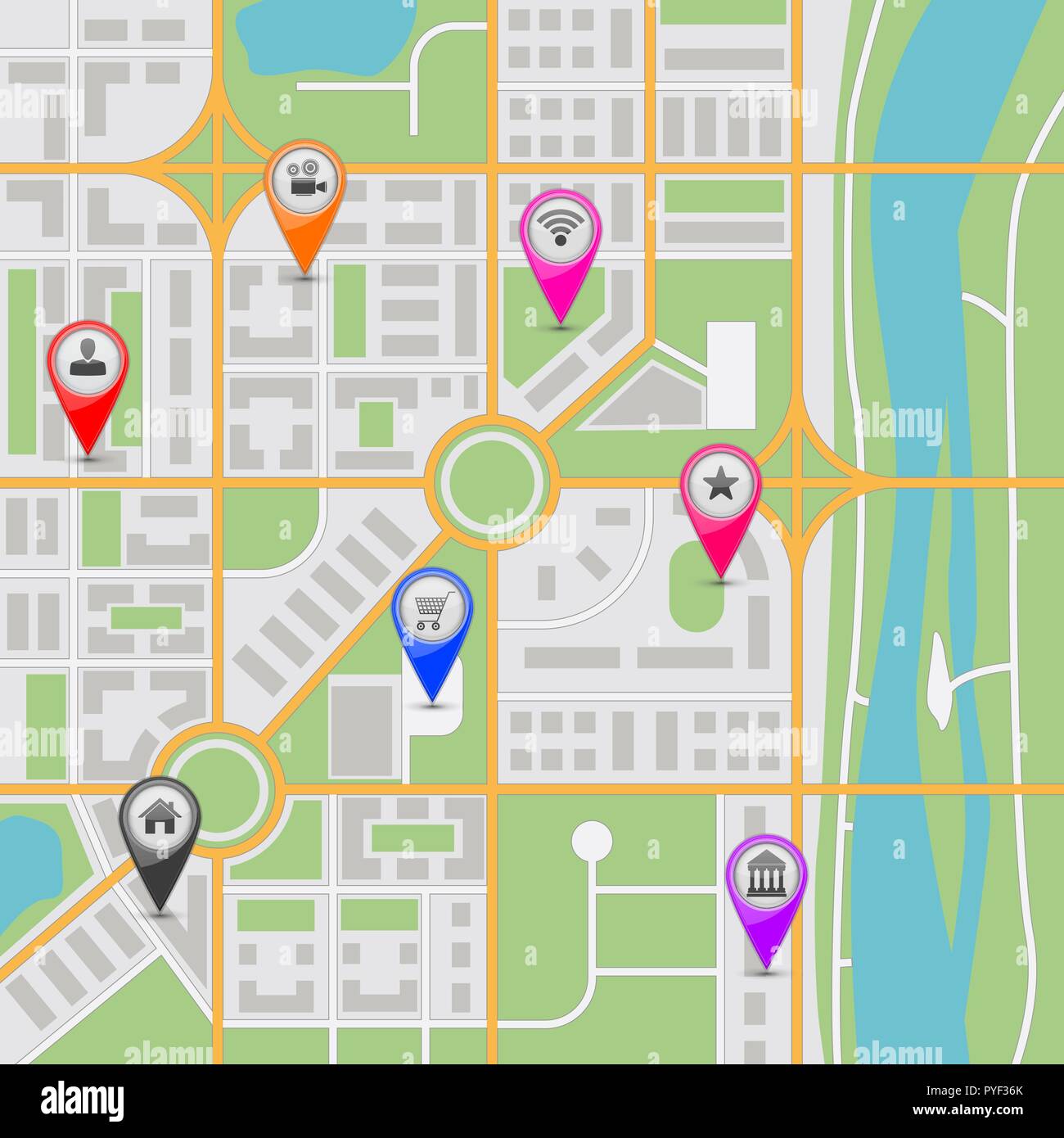 Mappa della città con i più diffusi i marcatori di posizione Illustrazione Vettoriale