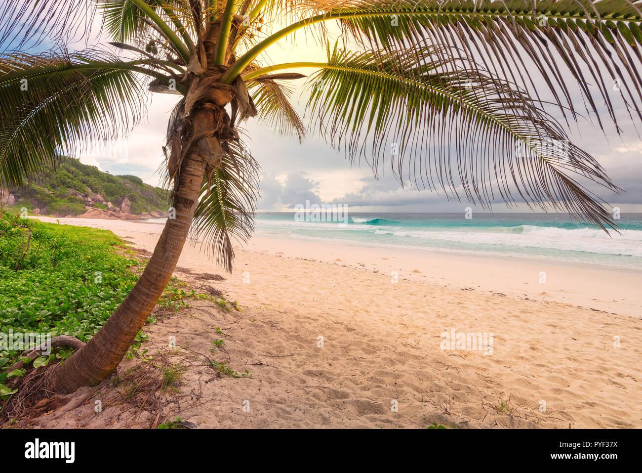 Spiaggia tropicale al tramonto al giorno tempestoso. Foto Stock