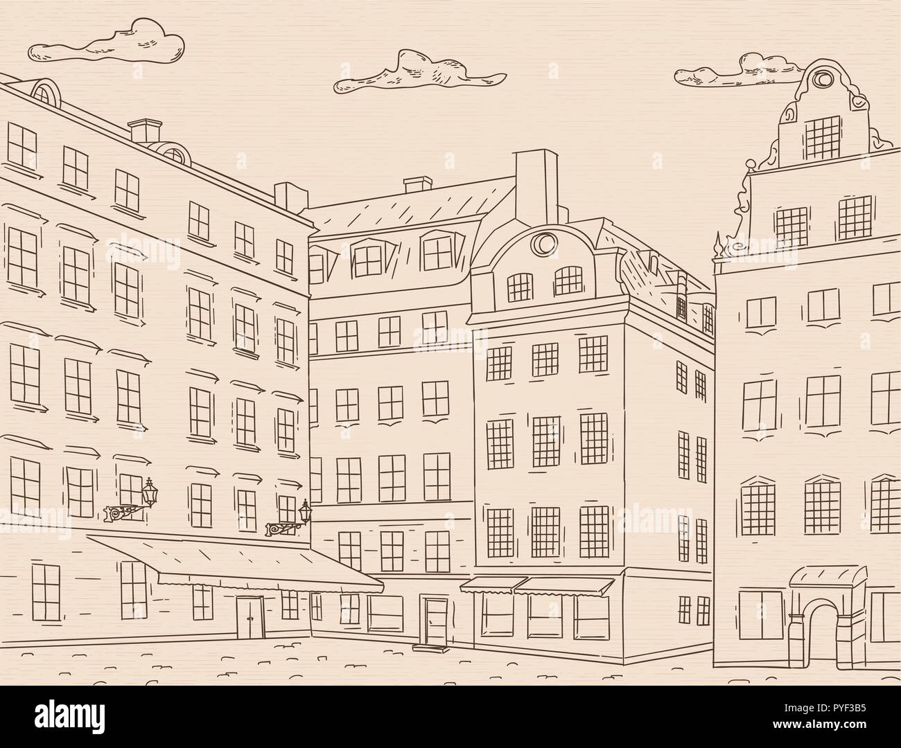 Stortorget Square nella città vecchia di Stoccolma. Mano bozzetto. Schizzo su sfondo beige Illustrazione Vettoriale