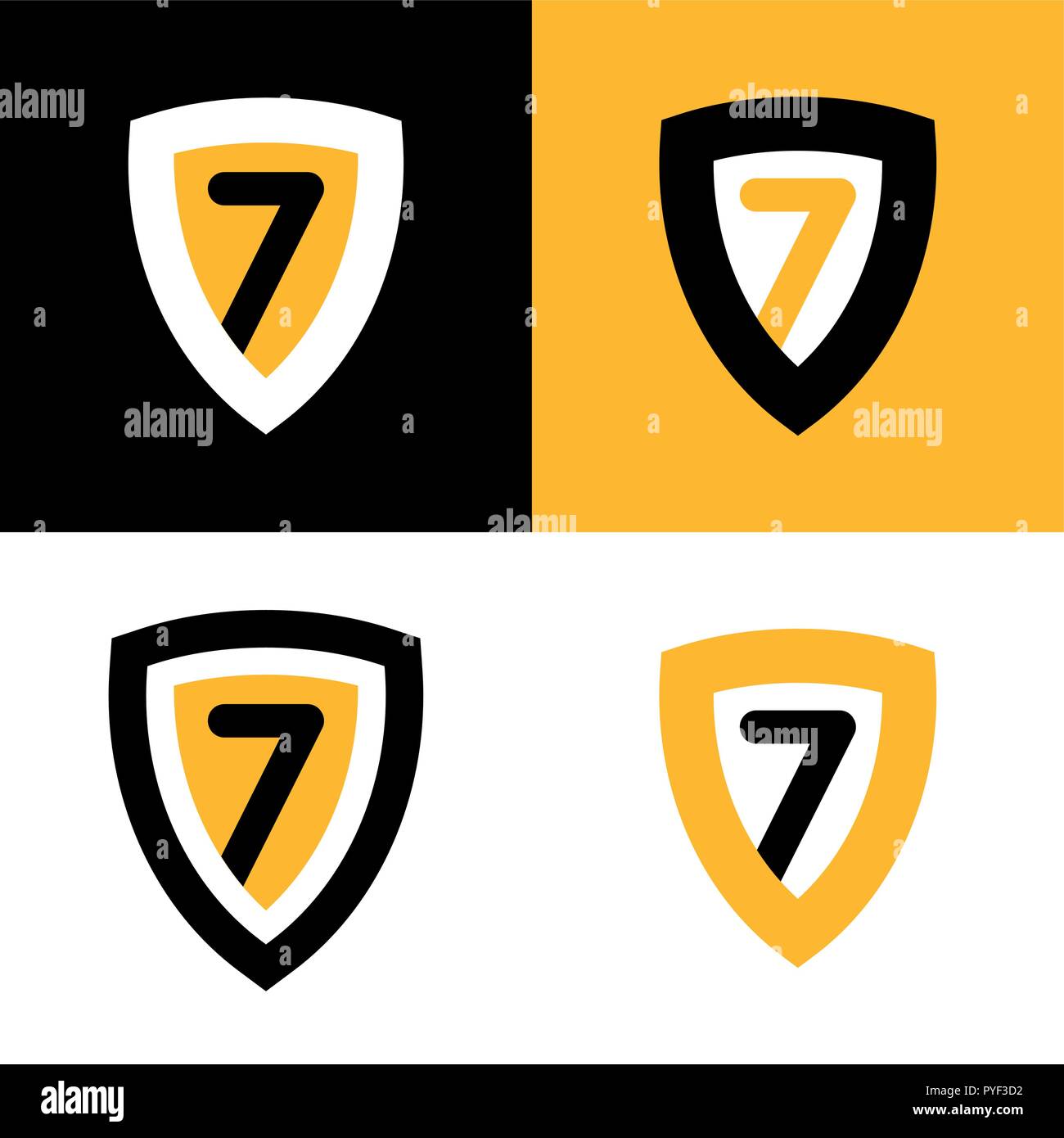 Set di logo del vettore in nero, giallo e bianco colori. Badge di schermo con sette. Illustrazione Vettoriale