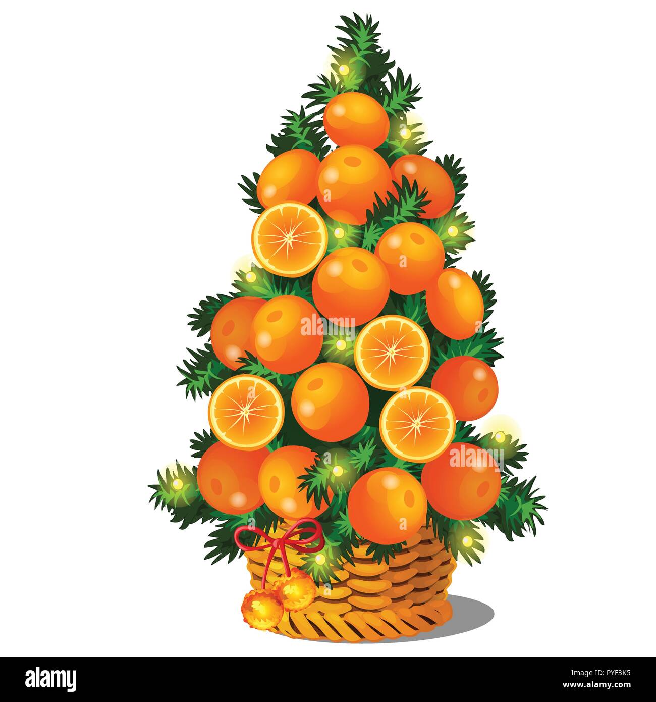 Topiaria da Cartoon sotto forma di un cono ad albero di Natale con le arance. Schizzo per biglietto di auguri, festosa poster o di inviti per le feste.Gli attributi del Natale e del nuovo anno. Vettore. Illustrazione Vettoriale