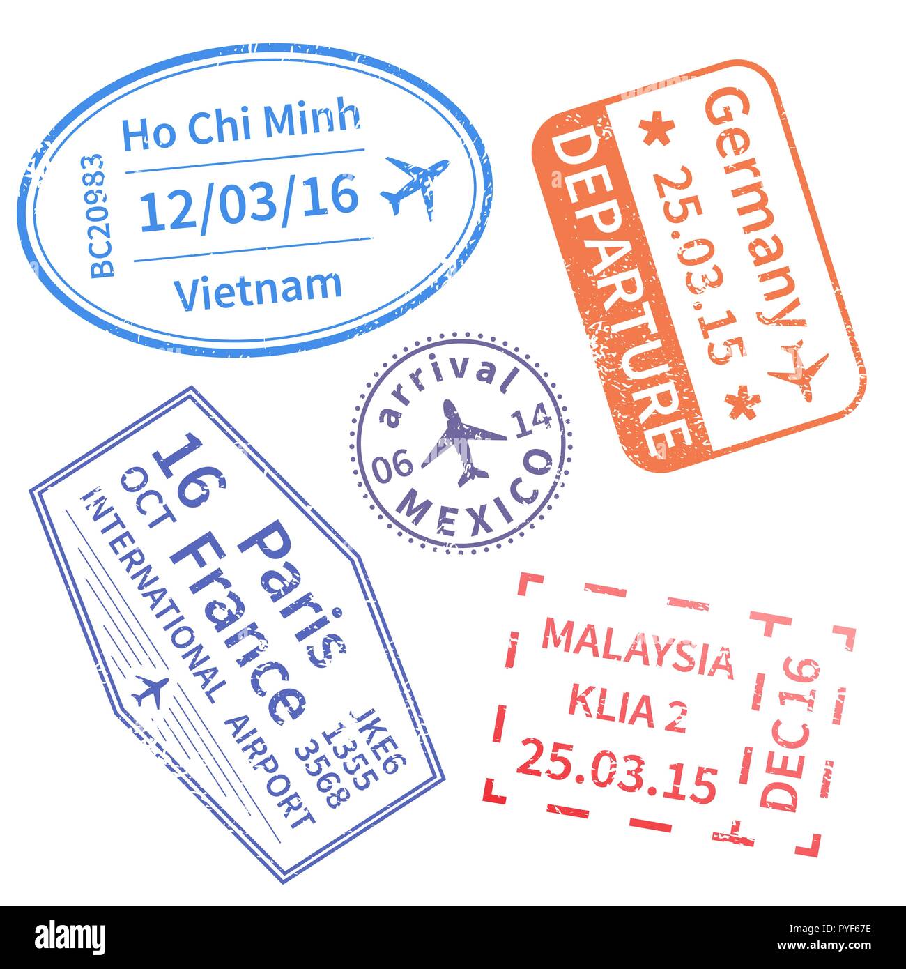 Set di International Travel visa timbri sul bianco. Gli arrivi segni timbri in gomma. Illustrazione Vettoriale