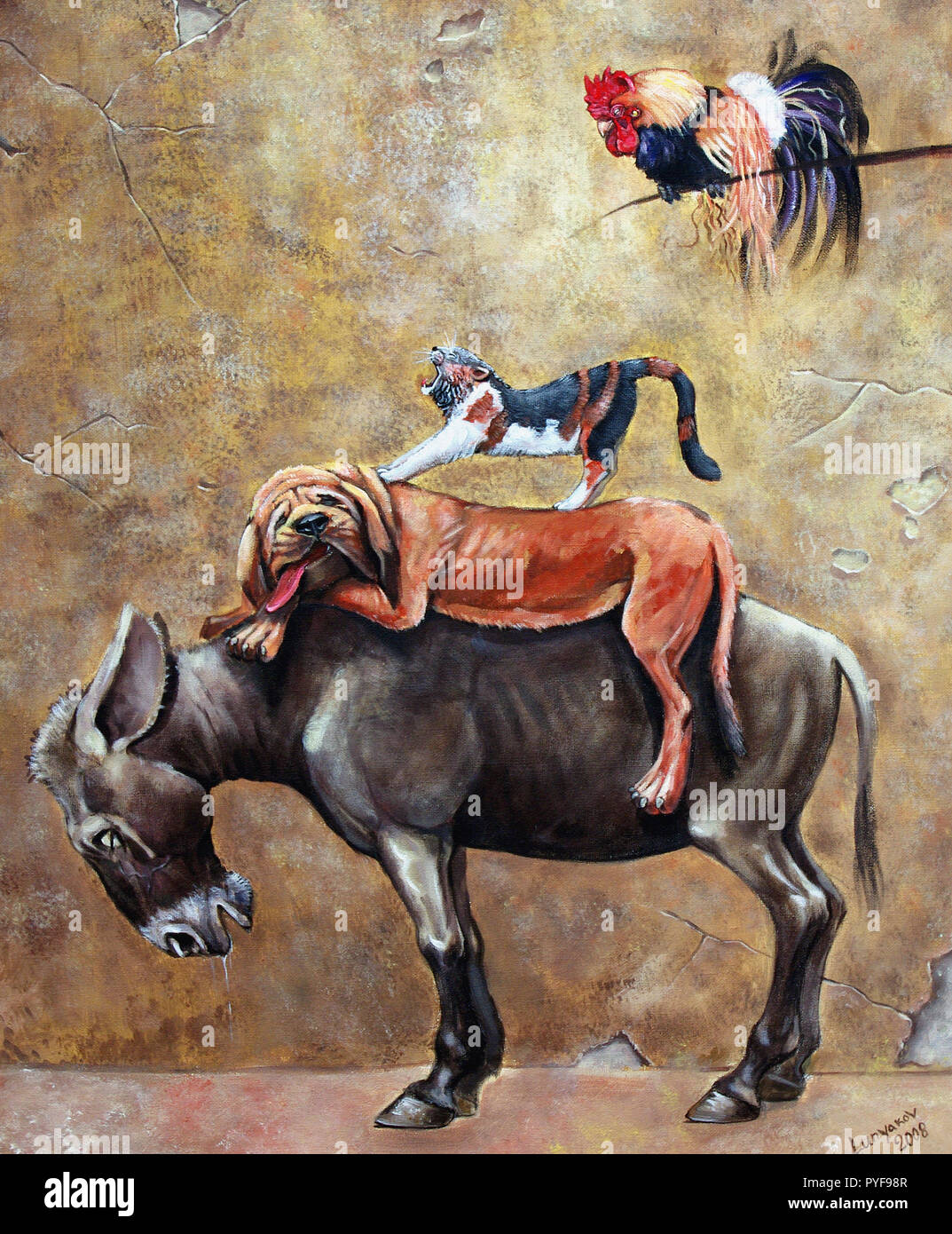 Musicisti cittadini di brema. Vecchia fiaba. Illustrazione di cane, asino e gatto. Foto Stock