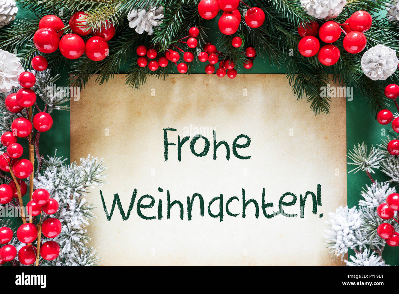 Decorazione di natale, Frohe Weihnachten significa Buon Natale Foto Stock