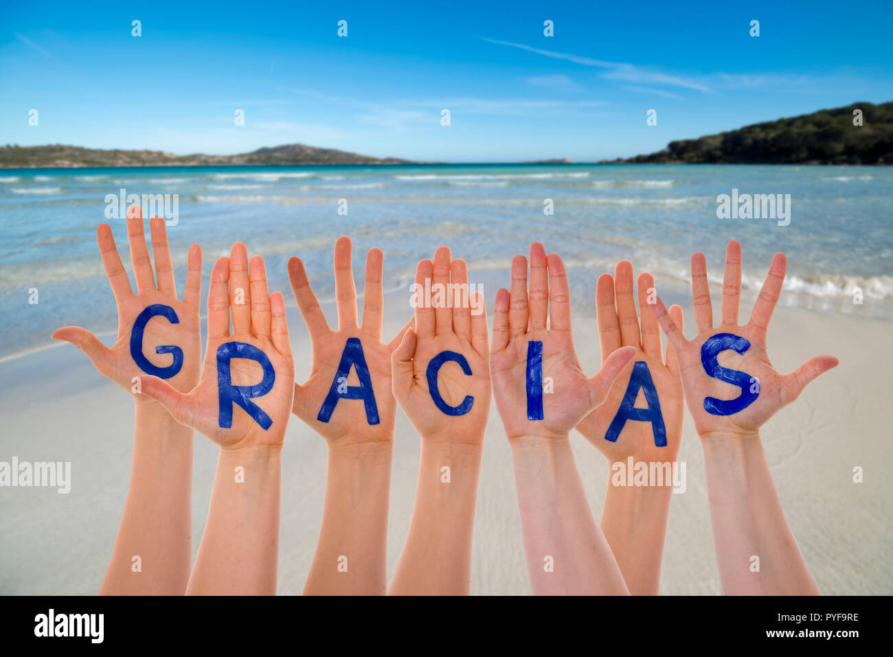 Molte mani edificio Gracias significa Grazie, la spiaggia e l'oceano Foto Stock