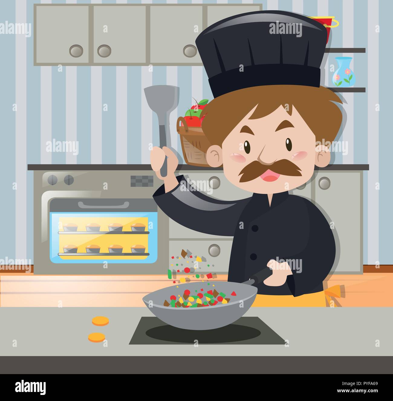 Lo chef maschio in abito nero illustrazione di cottura Illustrazione Vettoriale