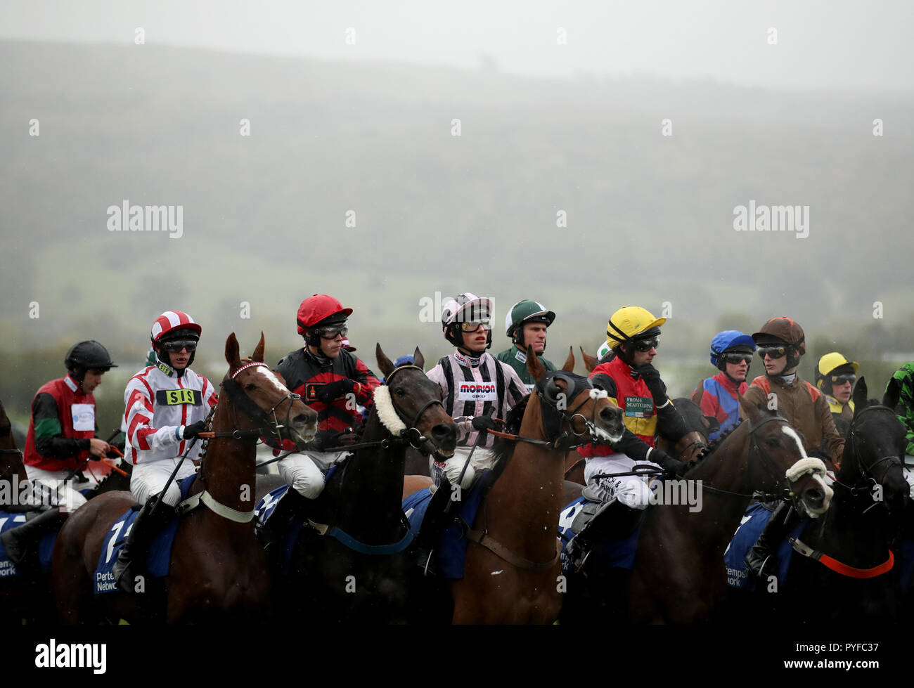 I corridori e i piloti di linea prima di iniziare la rete Pertemps Handicap Hurdle durante il giorno due di vetrina a Cheltenham Racecourse. Foto Stock