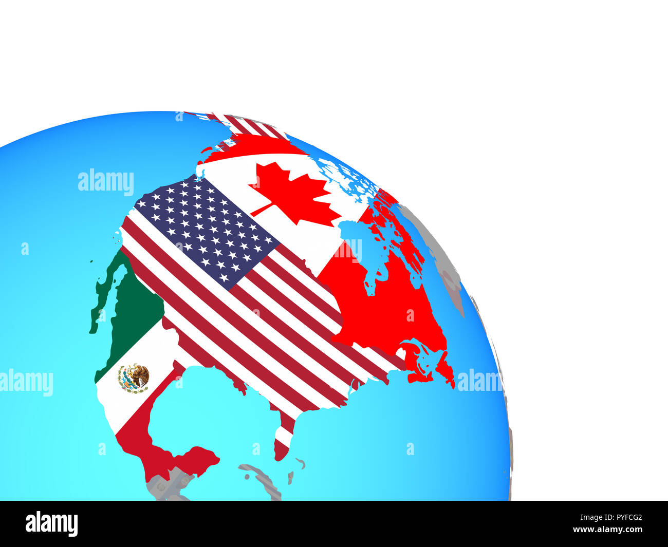 Il NAFTA memeber membri con bandiere nazionali su semplice blu globo politico. 3D'illustrazione. Foto Stock