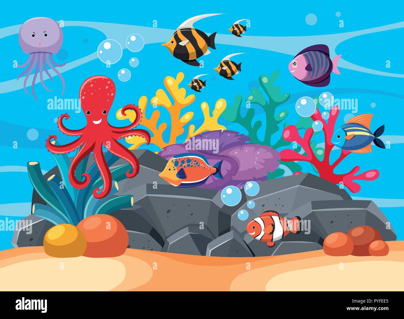 Scena subacquea con molti animali marini illustrazione Illustrazione Vettoriale