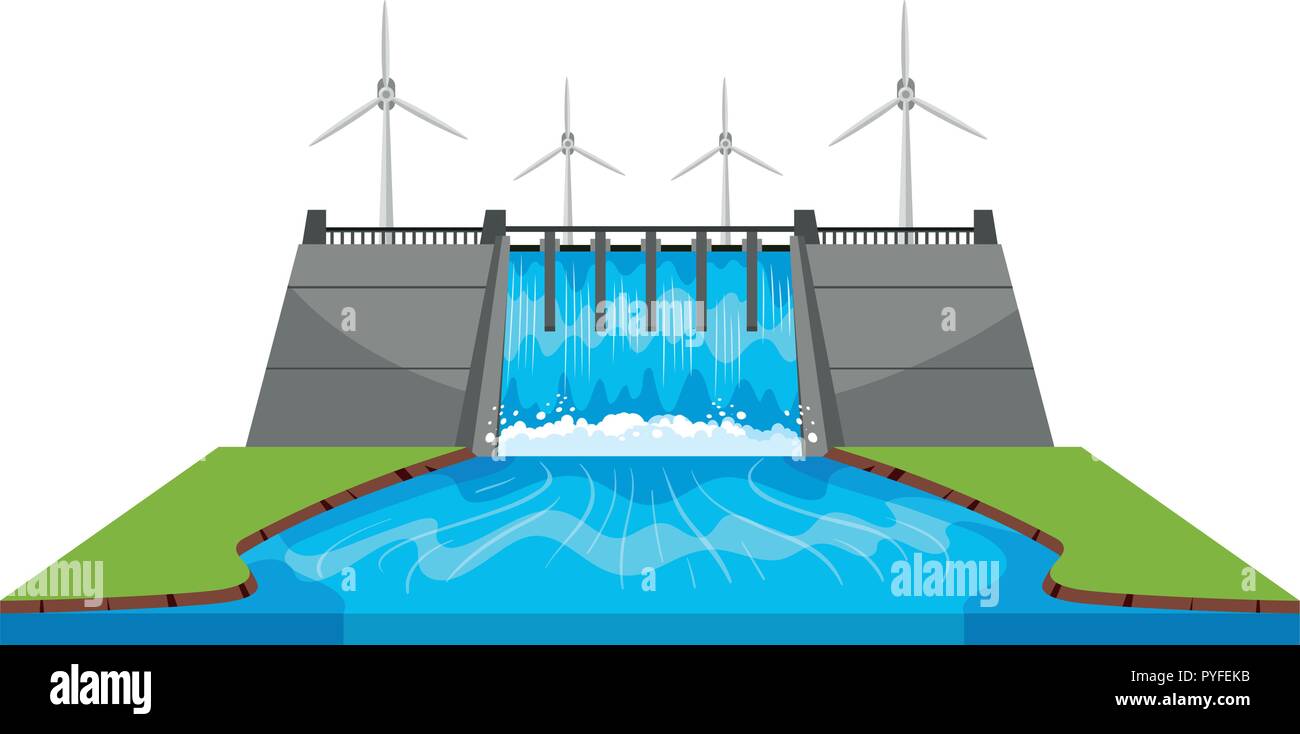 Mulini a vento e diga con flussi illustrazione Illustrazione Vettoriale
