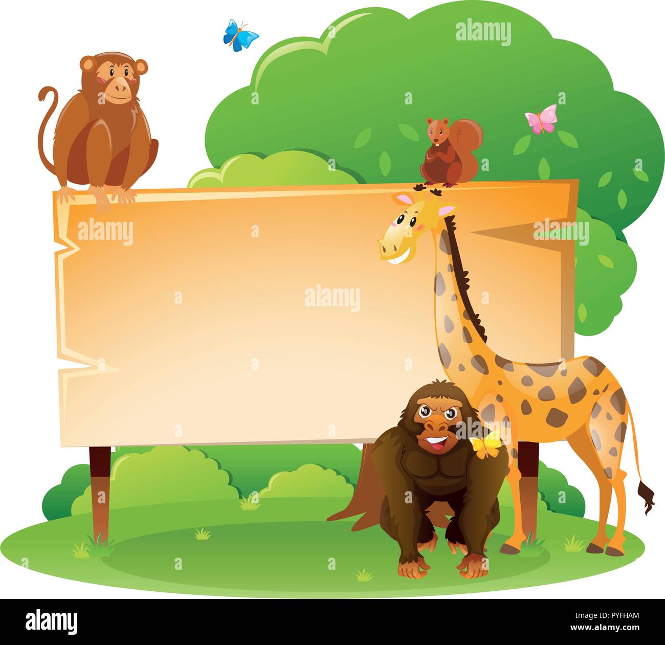 Cartello in legno modello con animali selvatici illustrazione Illustrazione Vettoriale