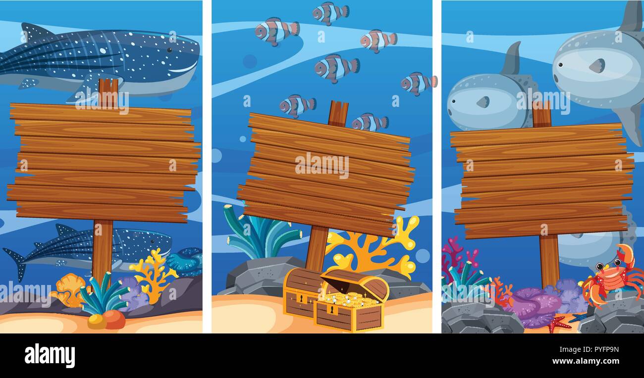 Segni di legno sotto l'oceano con animali marini in illustrazione dello sfondo Illustrazione Vettoriale