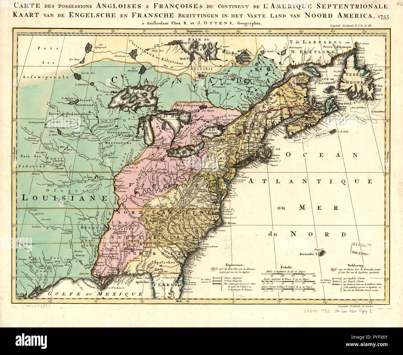 Vintage / Mappe Mappe di antiquariato - Carte des possedimenti angloises & françoises du continente de l'Amérique septentrionale. Kaart van de Engelsche en Fransche bezittingen in het vasta land van Noord America Foto Stock