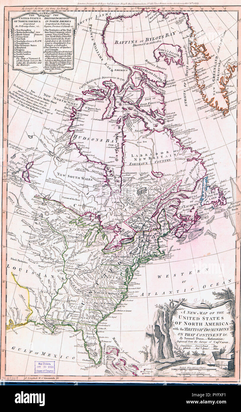 Vintage / mappe antiche mappe - Una nuova mappa degli Stati Uniti d'America del Nord con i domini britannici di quel continente ca. 1783 Foto Stock