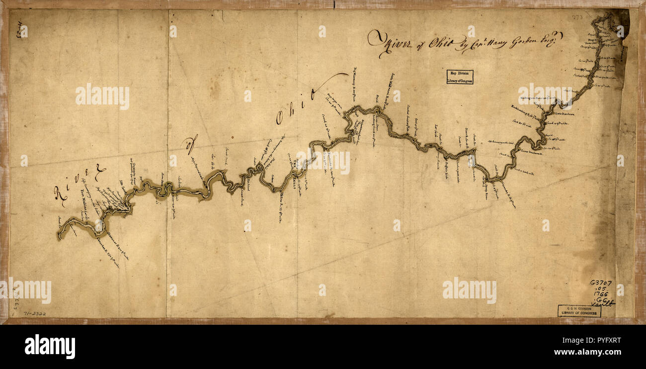 Vintage / mappe antiche mappe - contiene i valori di latitudine a punti, lungo il fiume e note sulla larghezza di tributari Foto Stock