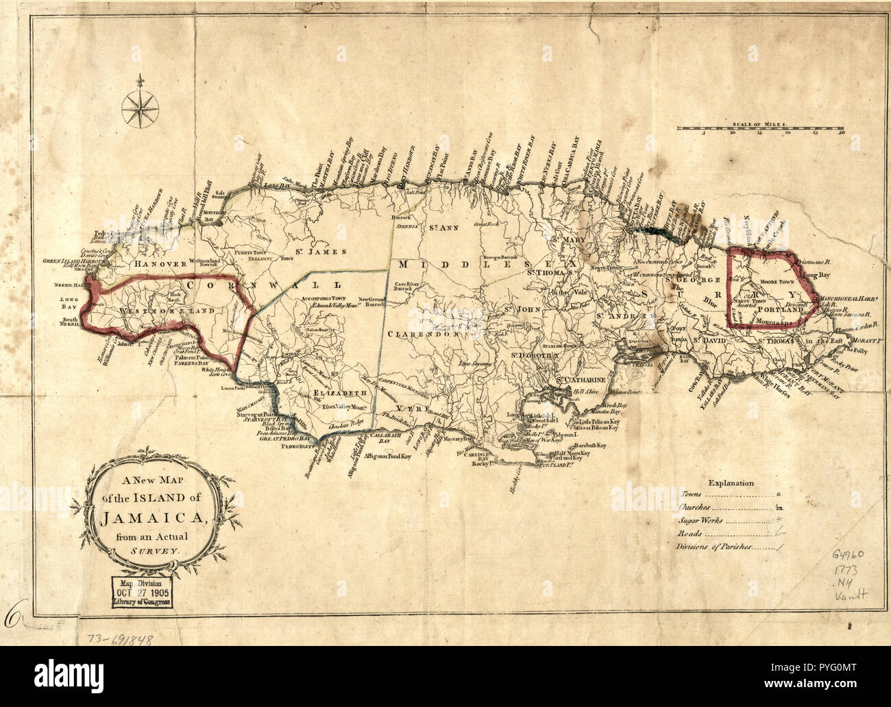 Vintage / mappe antiche mappe - Una nuova mappa dell'isola di Giamaica, da un sondaggio effettivo ca. 1773 Foto Stock