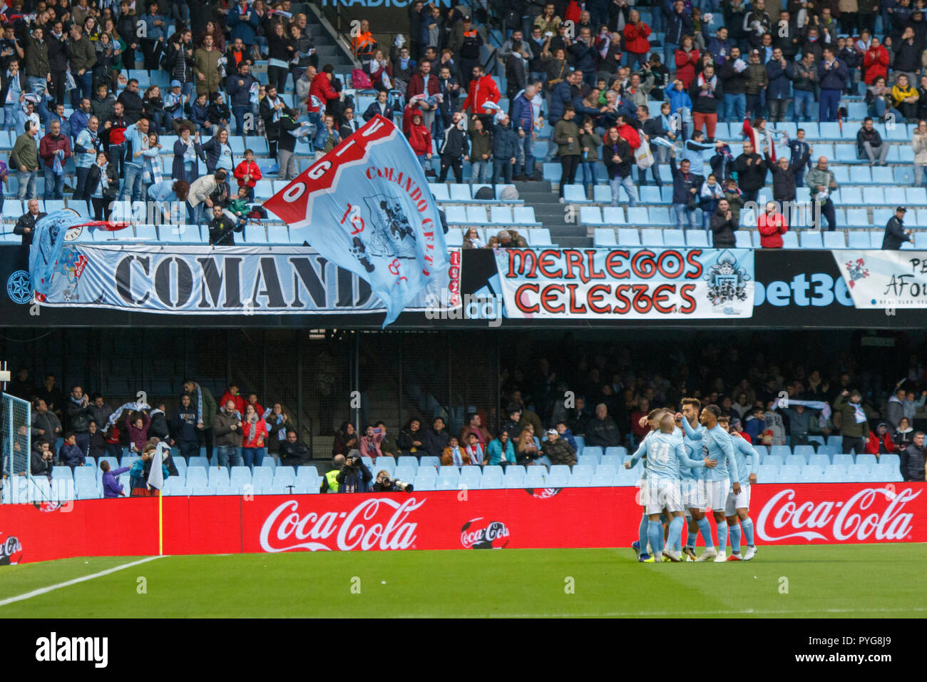 Vigo, Spagna. 27 ott; 2018. La Liga match tra Real Club Celta de Vigo e SD in Eibar Balaidos stadium; Vigo; Punteggio finale 4-0. Credito: Brais Seara/Alamy Live News Foto Stock