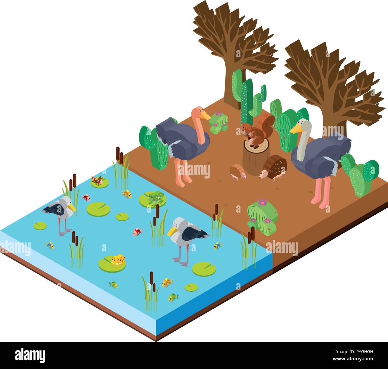 In scena con animali da parte del fiume in 3D design illustrazione Illustrazione Vettoriale