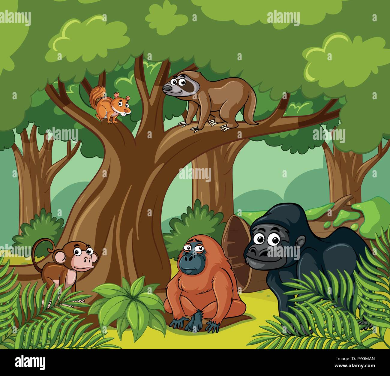 In scena con animali selvatici nella foresta illustrazione Illustrazione Vettoriale