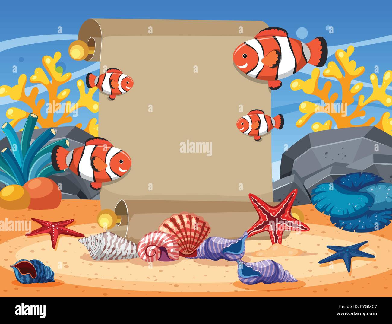 Modello di confine con clownfish e stelle marine illustrazione subacquea Illustrazione Vettoriale