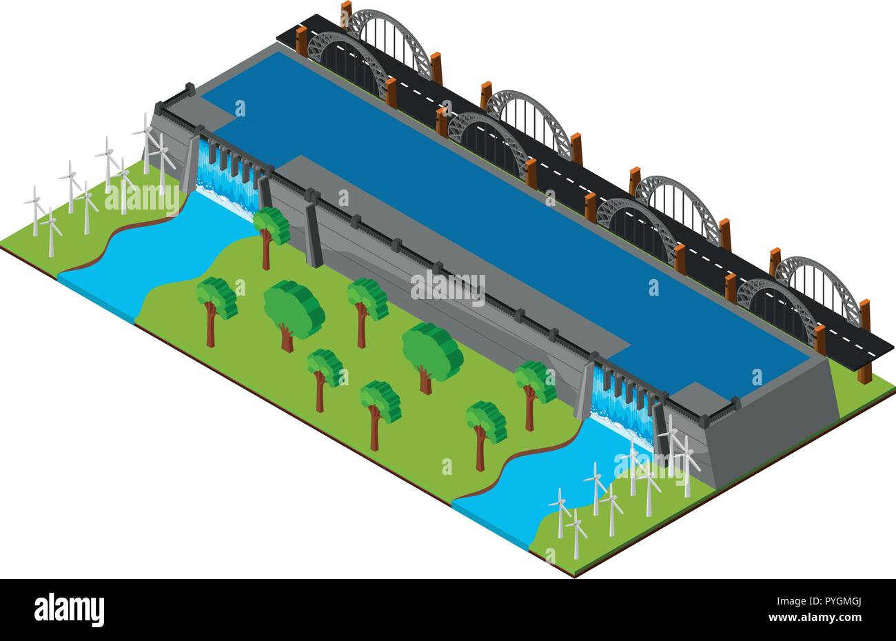 Diga e strada in 3D design illustrazione Illustrazione Vettoriale