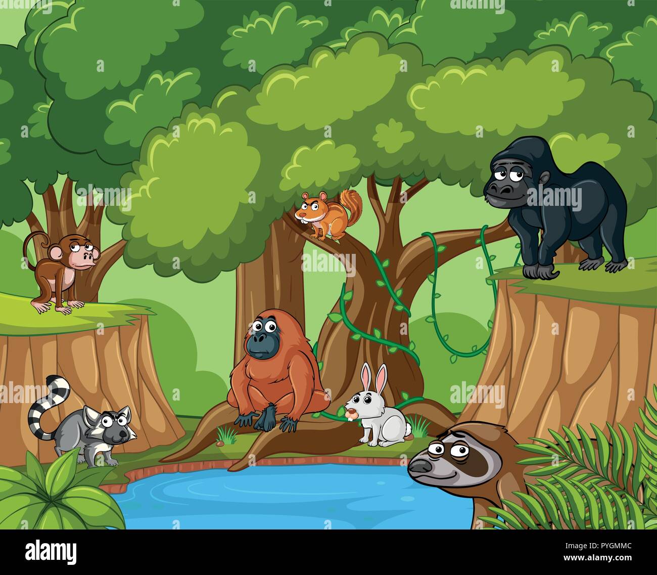 Molti animali selvatici in foresta illustrazione Illustrazione Vettoriale