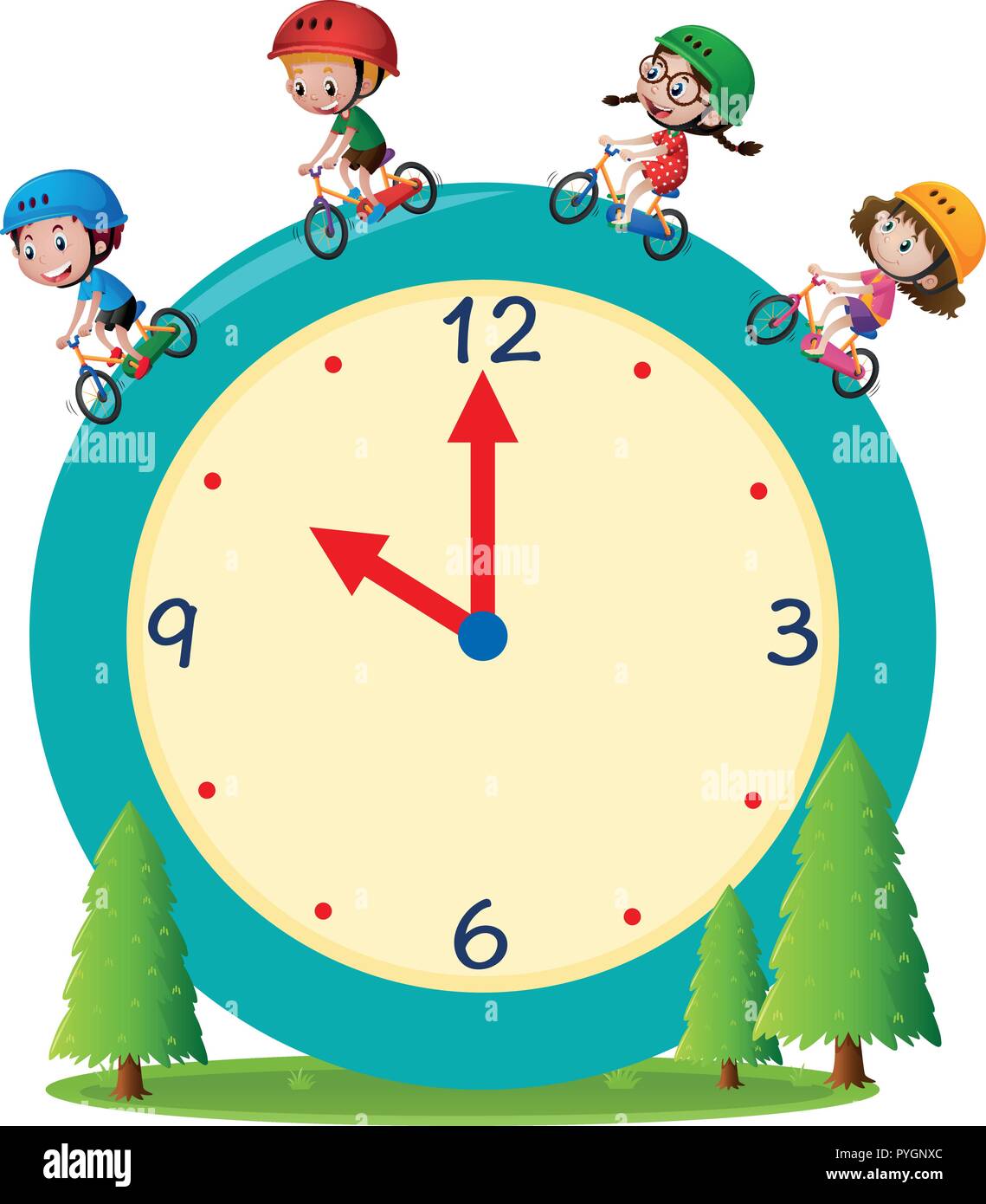 Equitazione per bambini bici sul gigantesco orologio illustrazione Illustrazione Vettoriale