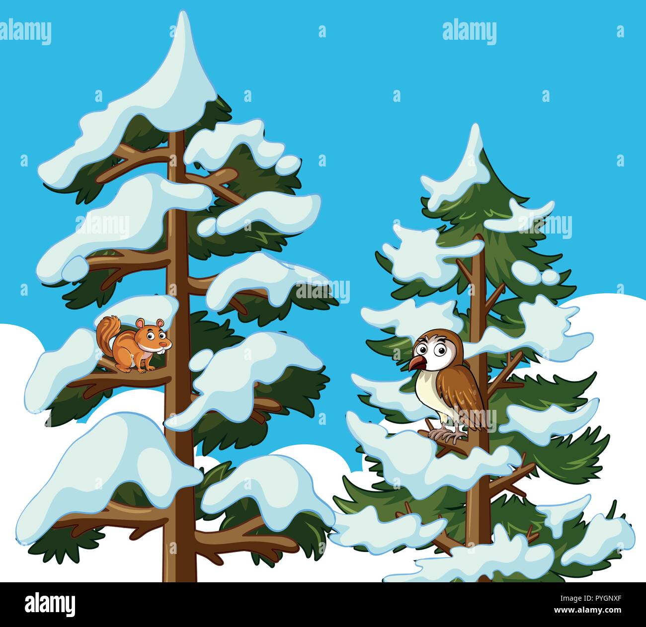 Lo scoiattolo e il gufo su albero di pino con neve illustrazione Illustrazione Vettoriale