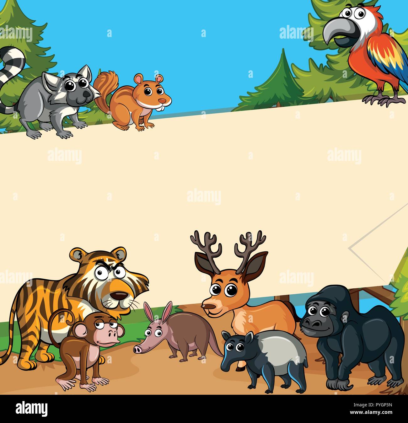 Modello di carta con animali selvatici in foresta illustrazione Illustrazione Vettoriale
