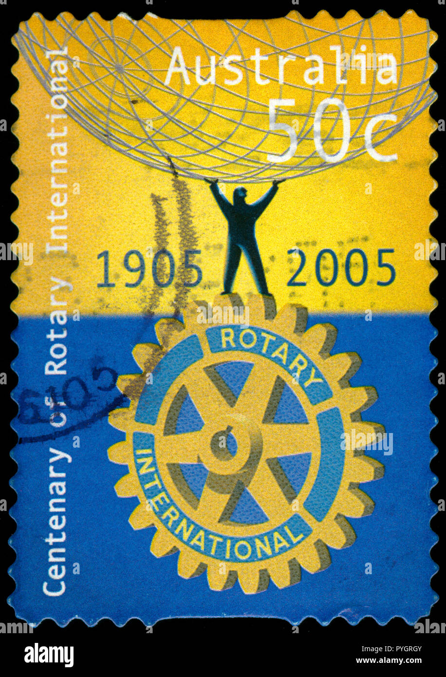 Con timbro postale timbro dall'Australia nel Rotary International, Centenario serie rilasciato nel 2005 Foto Stock