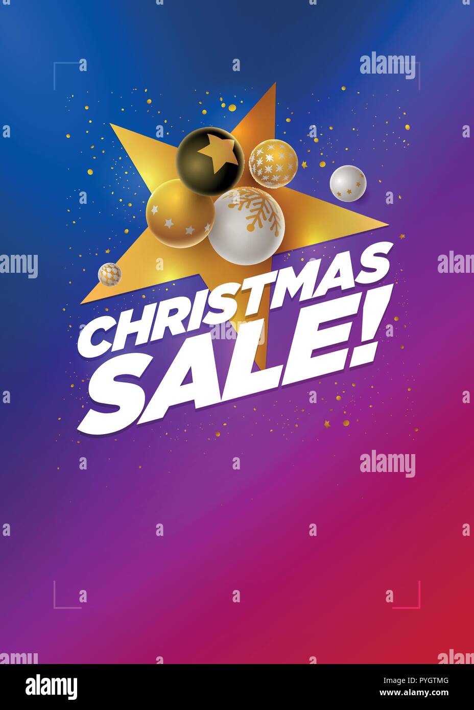 Vettore Vendita di Natale poster modello di progettazione con 3d bianco, nero e oro palle di Natale. Blu al neon rosso colore gradiente dello sfondo. Compo verticale Illustrazione Vettoriale