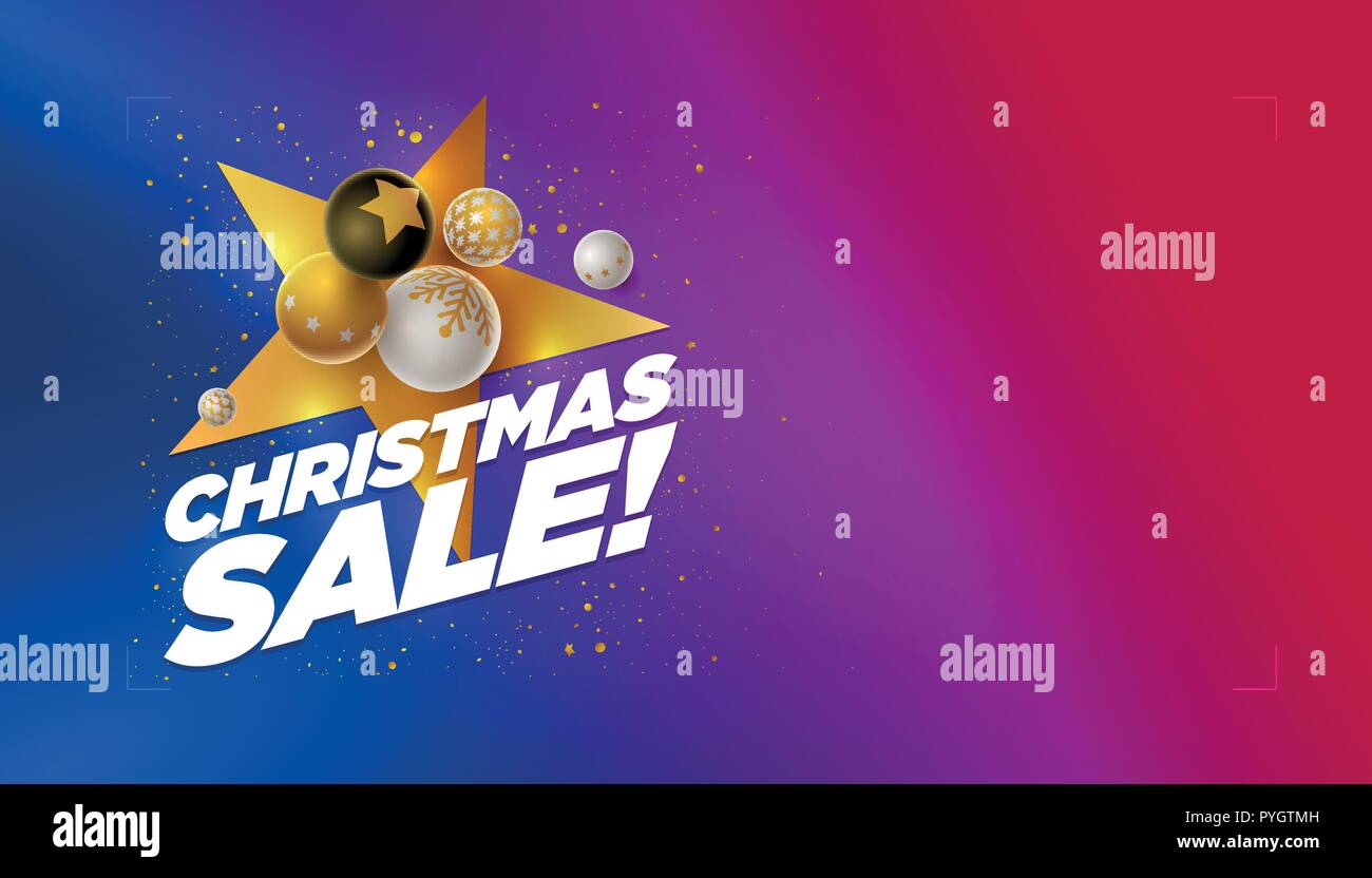 Vettore Vendita di Natale poster modello di progettazione con 3d bianco, nero e oro palle di Natale. Blu al neon rosso colore gradiente dello sfondo. Com orizzontale Illustrazione Vettoriale