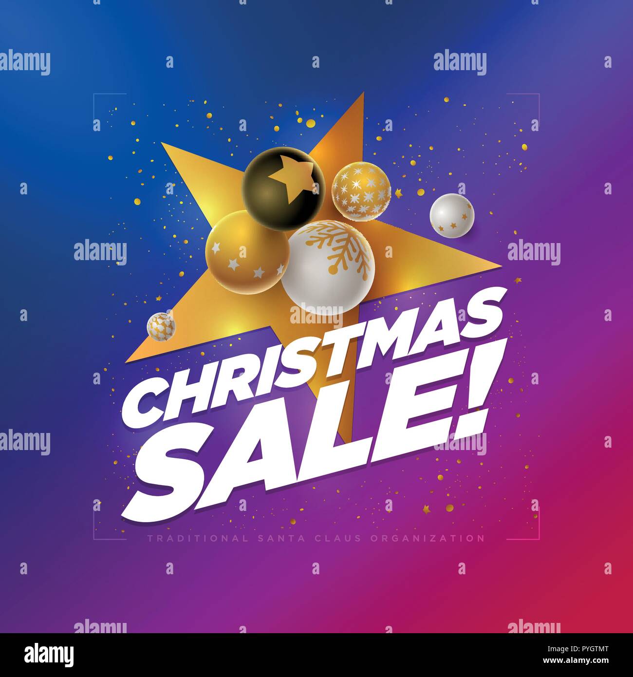 Vettore Vendita di Natale poster modello di progettazione con 3d bianco, nero e oro palle di Natale. Blu al neon rosso colore gradiente dello sfondo. Gli elementi sono l Illustrazione Vettoriale