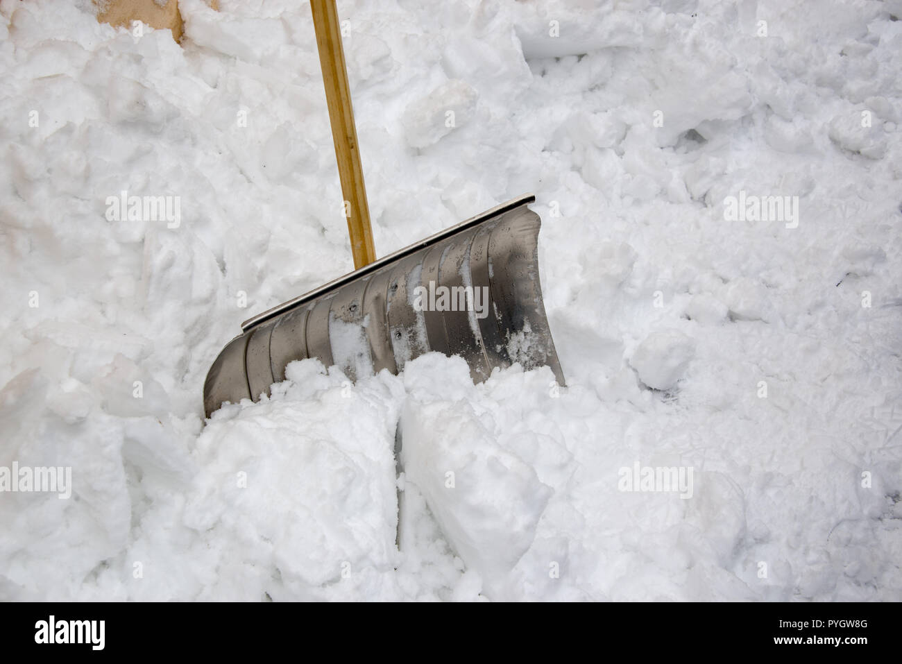 Neve metallico pala bloccata nella neve dopo una tempesta Foto Stock