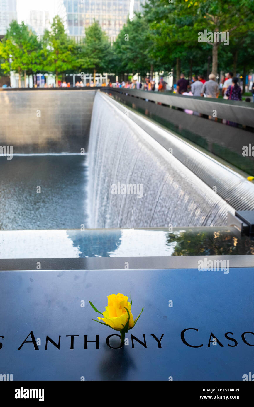 Il Veterans Day, una rosa gialla ricorda una vittima che ha servito nei militari al World Trade Center Memorial dell'11 settembre a Lower Manhattan, New York City Foto Stock