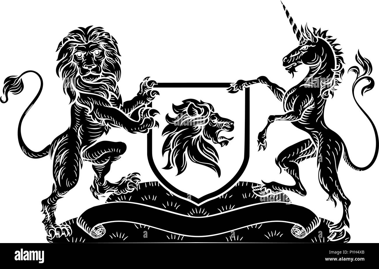 Crest leone araldico Unicorn Shield Stemma Illustrazione Vettoriale