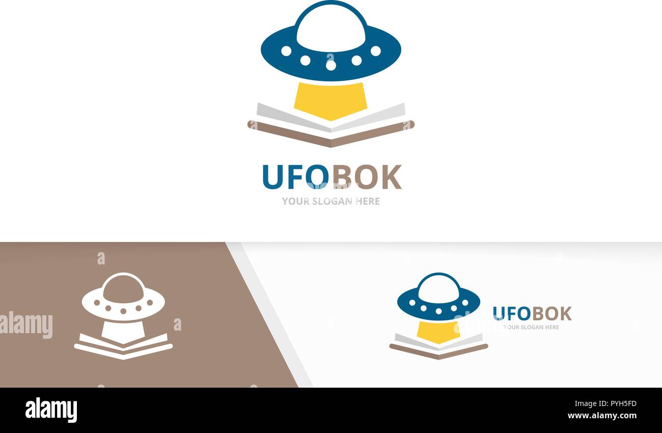 Vector UFO e libro aperto la combinazione di logo. Astronave e bookstore di simbolo o icona. Unico straniero e la libreria logotipo di modello di progettazione. Illustrazione Vettoriale