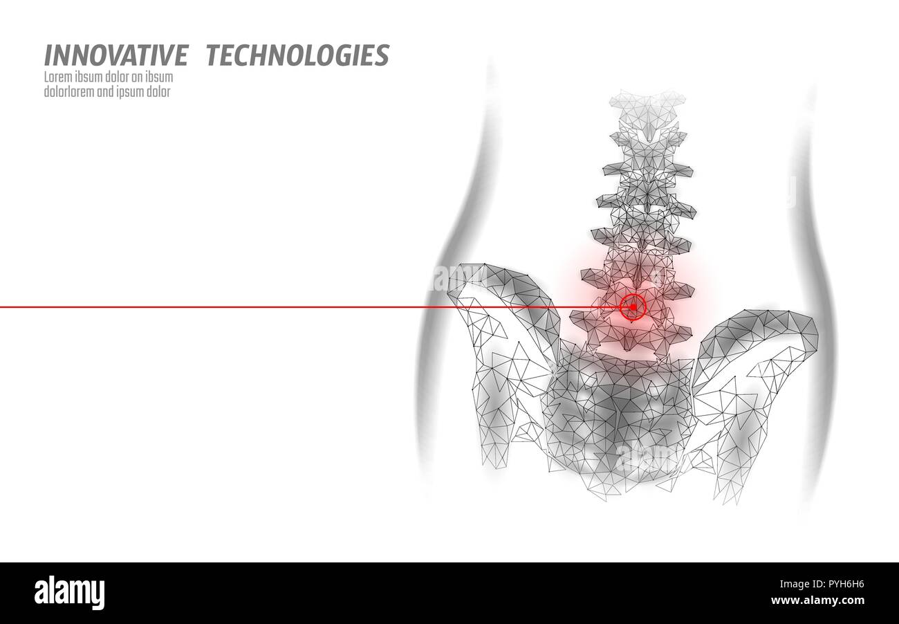 Colonna vertebrale umana hip radiculitis lombare dolore bassa poli. Geometrica delle particelle poligonali triangolo linea punto la medicina del futuro della tecnologia rosso bianco area dolorosa illustrazione vettoriale Illustrazione Vettoriale