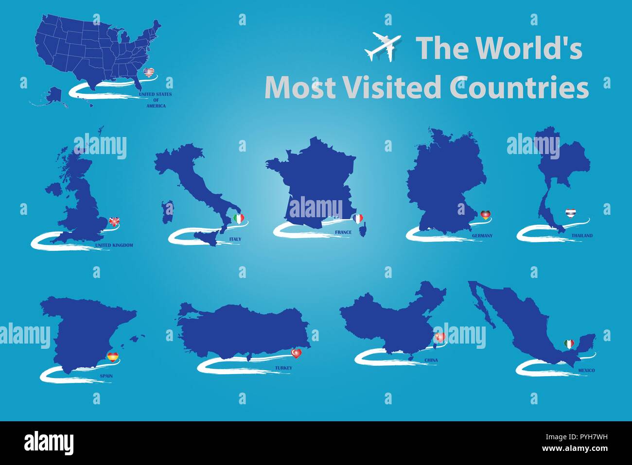 Sagome di svuotare le mappe della 10 la maggior parte dei paesi visitati in tutto il mondo con il loro cuore a forma di bandiere e di segno. Illustrazione Vettoriale