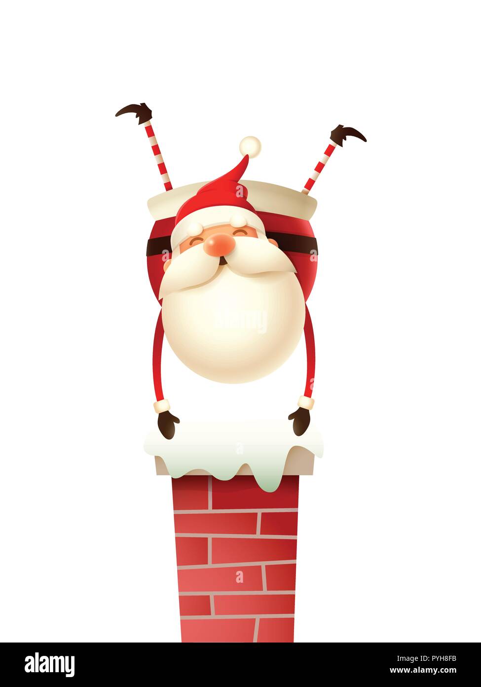 Felice carino Santa Claus in piedi sulle mani sul camino - isolato su sfondo bianco Illustrazione Vettoriale