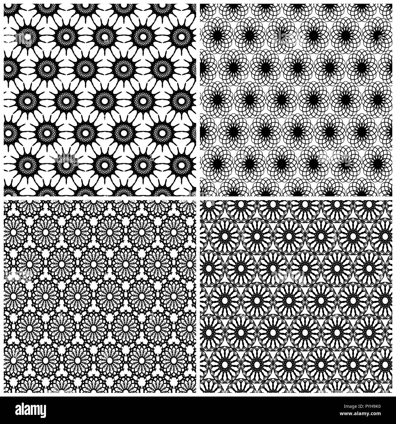 Set di quattro pattern senza giunture con fiocchi di neve astratta, del disegno a mano vettore nero su sfondo bianco Illustrazione Vettoriale