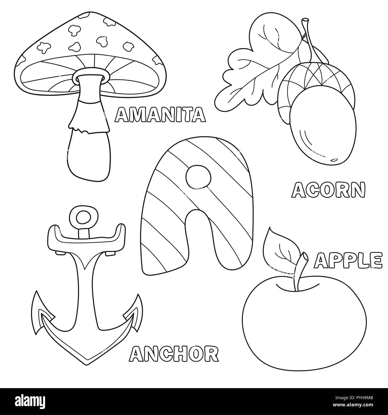 Apple, ancoraggio, amanita, acorn lettera A in alfabeto per bambini Illustrazione Vettoriale