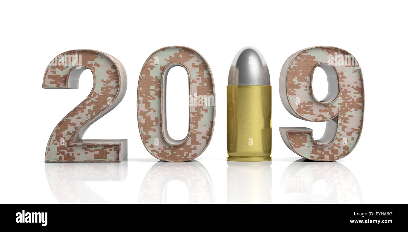 2019 Anno Nuovo e dell'Esercito USA. Modello militare 2019 con esercito bullet isolati su sfondo bianco. 3d illustrazione Foto Stock