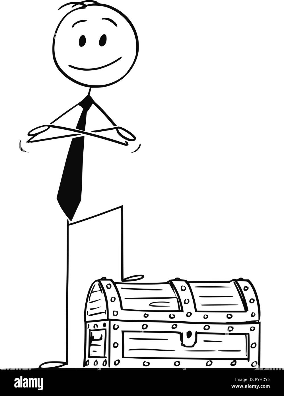 Cartoon di fiduciosa uomo o imprenditore in piedi in legno Scrigno con le braccia incrociate Illustrazione Vettoriale
