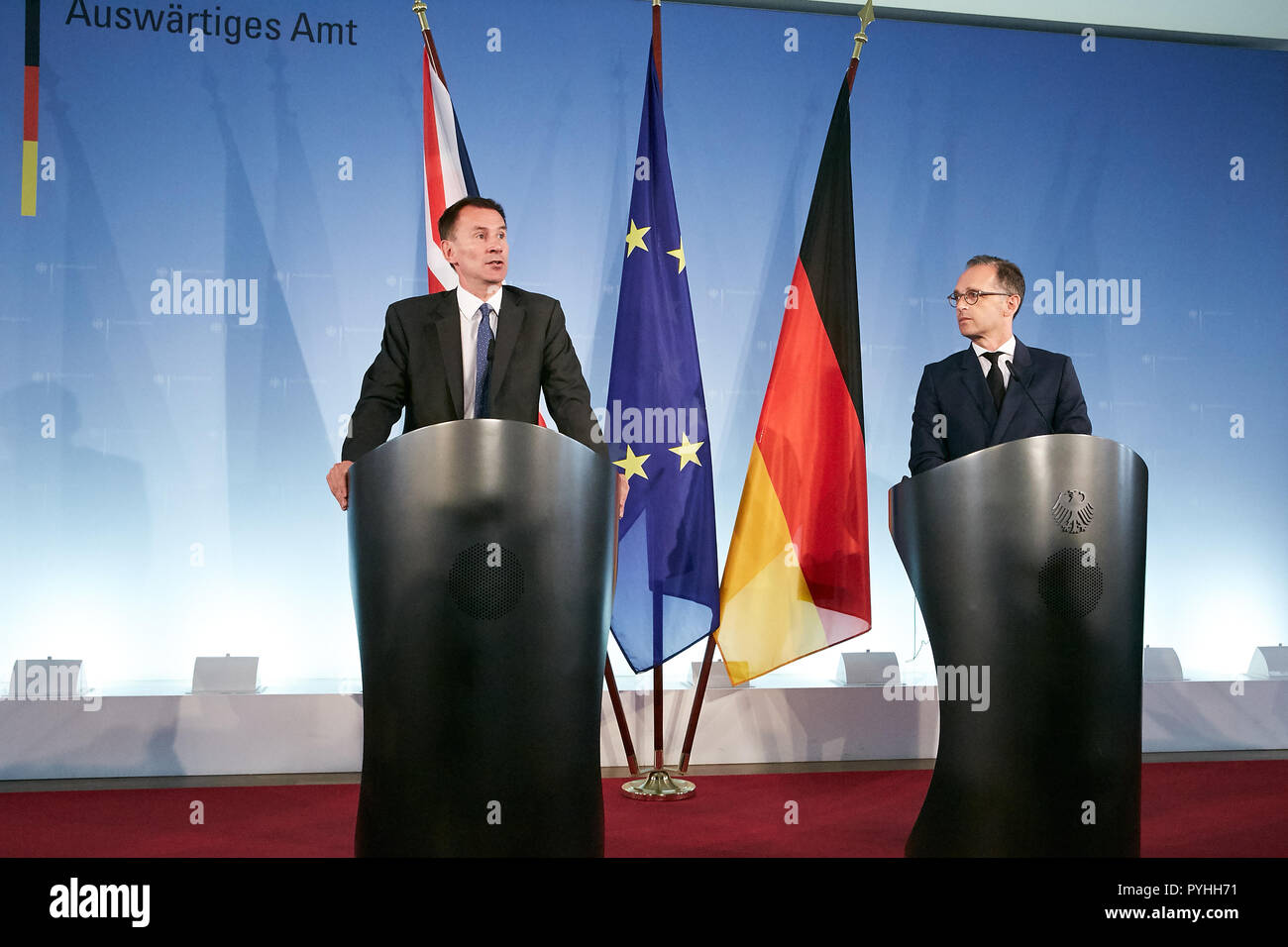 Berlino, Germania - Legge federale Ministro degli Esteri Heiko Maas e il Ministro degli esteri britannico Jeremy Hunt. Foto Stock