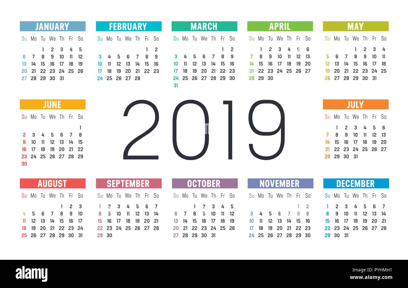 Anno 2019 minimalista calendario colorate, su sfondo bianco. Illustrazione Vettoriale