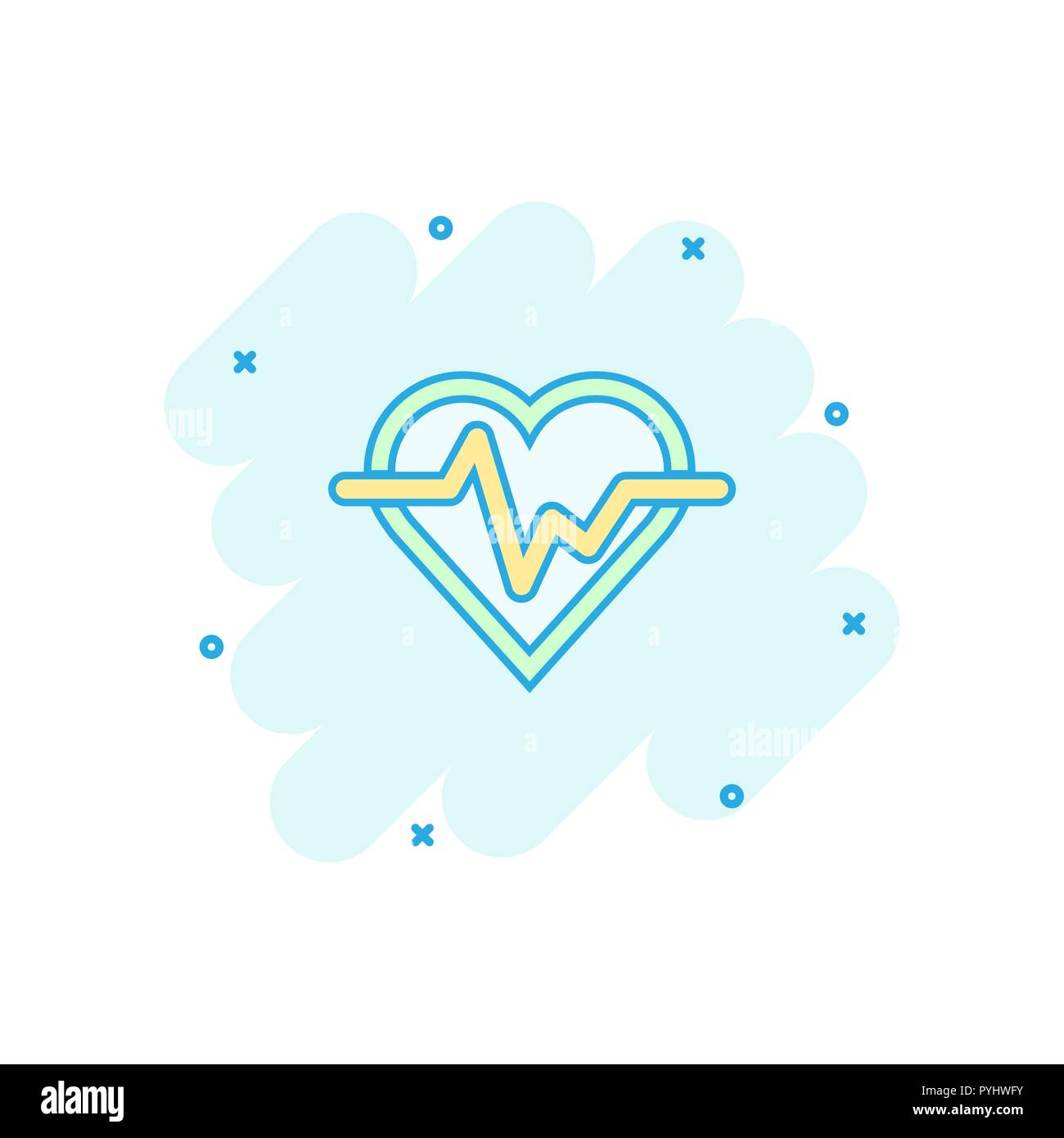 Vector cartoon linea heartbeat con icona a forma di cuore in stile fumetto. Concetto di heartbeat illustrazione pittogramma. Ritmo cardiaco business effetto splash concept. Illustrazione Vettoriale