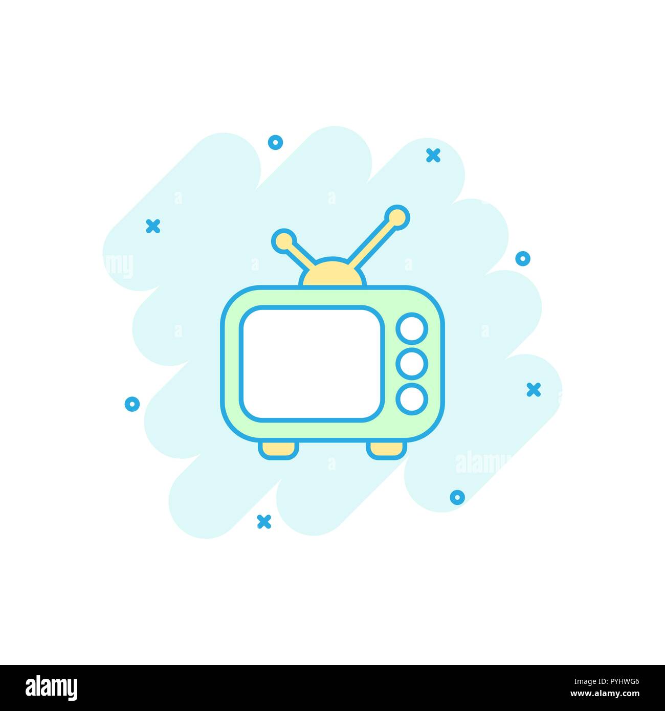 Vector cartoon monitor tv icona in stile fumetto. Schermo tv concetto illustrazione pittogramma. Tv show business effetto splash concept. Illustrazione Vettoriale