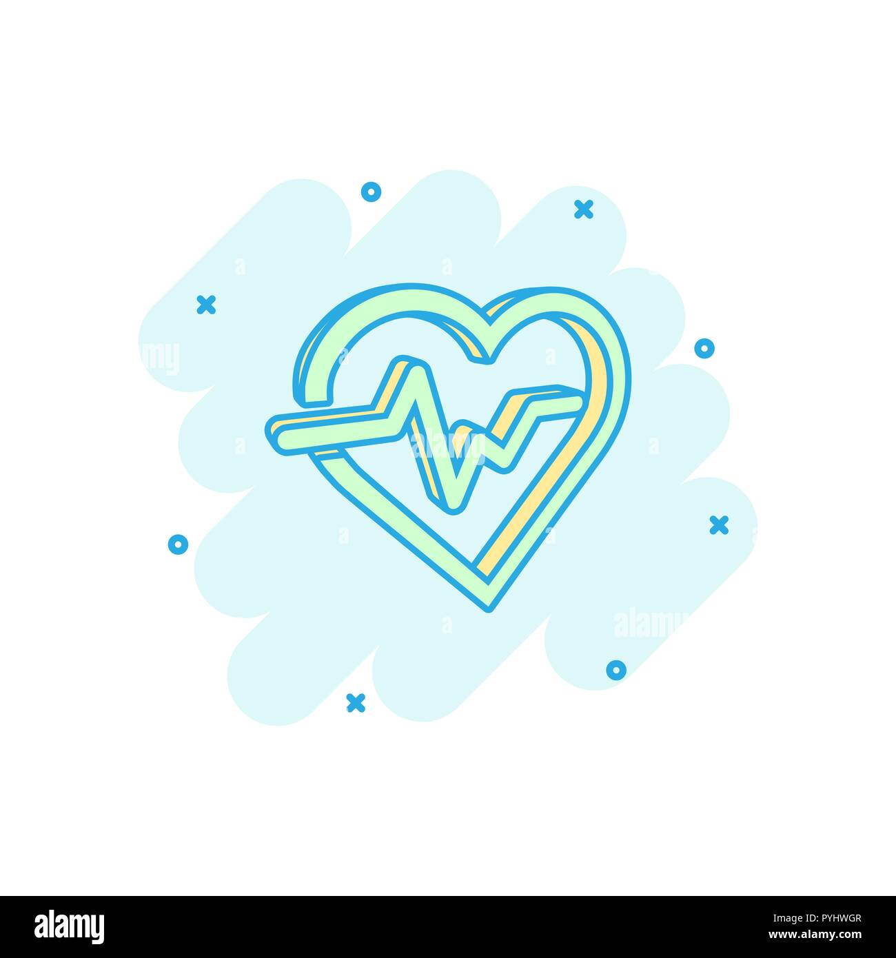 Vector cartoon linea heartbeat con icona a forma di cuore in stile fumetto. Concetto di heartbeat illustrazione pittogramma. Ritmo cardiaco business effetto splash concept. Illustrazione Vettoriale