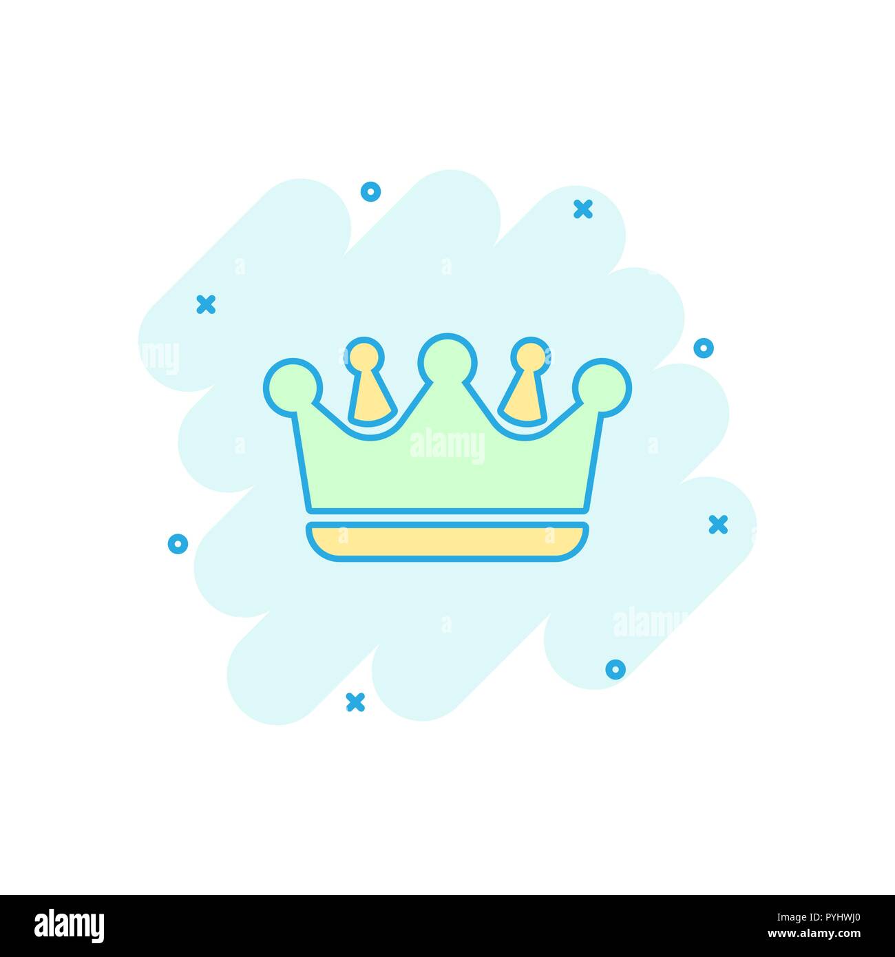 Vector cartoon diadema corona icona in stile fumetto. Corona di royalty illustrazione pittogramma. Re, principessa royalty business effetto splash concept. Illustrazione Vettoriale